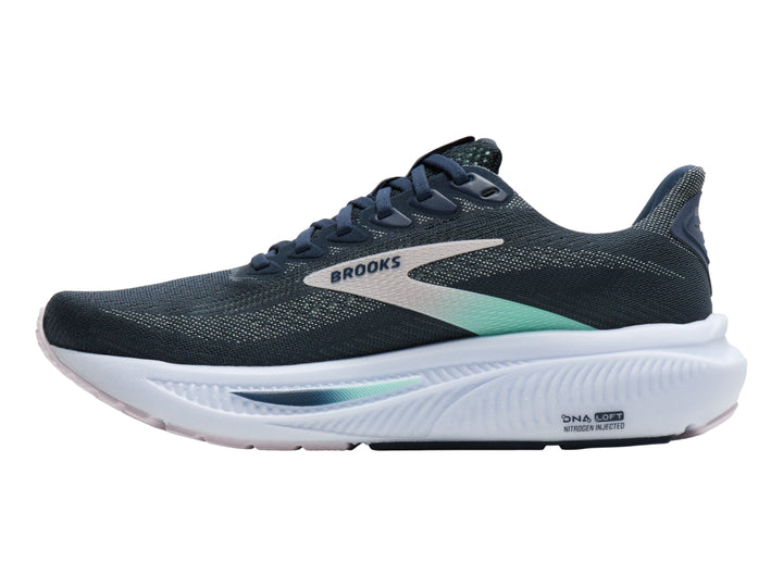 Tenis deportivos Brooks Ghost 17 color azul oscuro con suela blanca y detalles en verde menta.