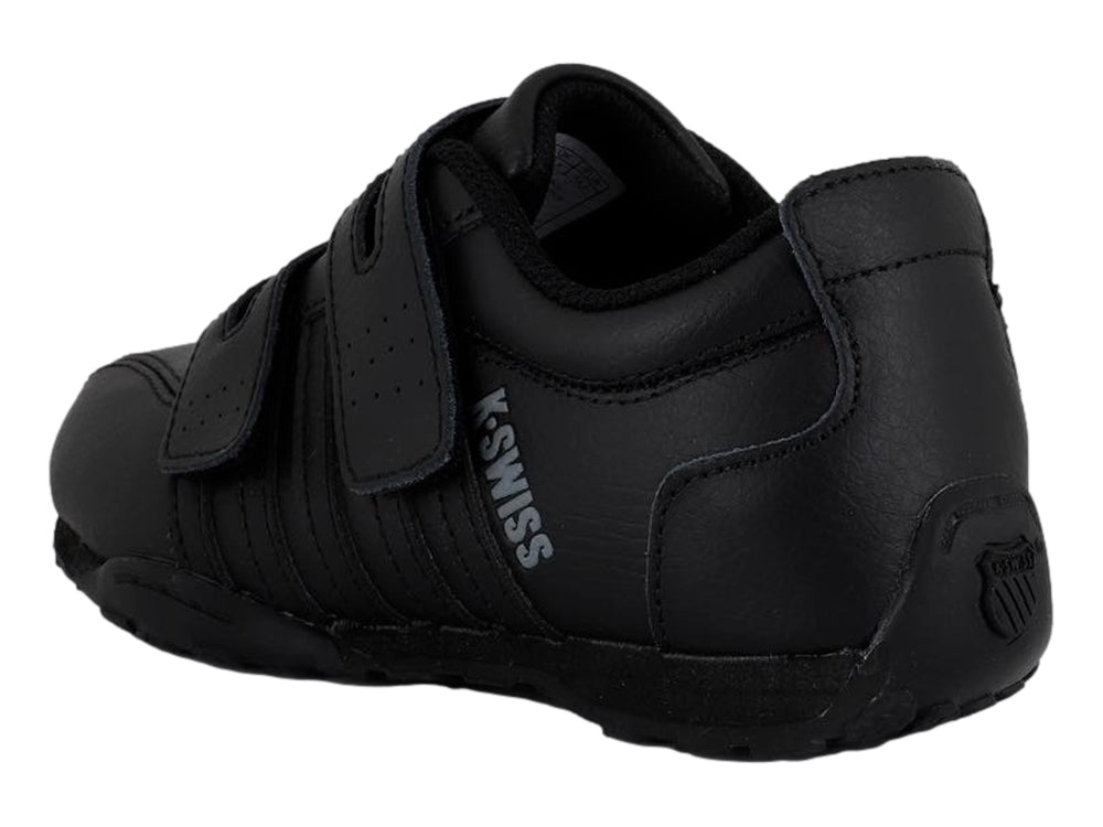 Tenis deportivo infantil K-Swiss color negro monocromático, vista lateral.