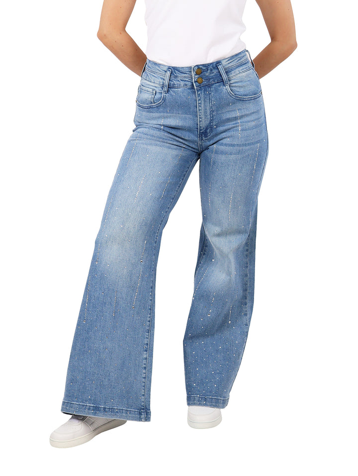 Jeans Anchos con Piedras Michelle Ferrar Doble Stone para Mujer