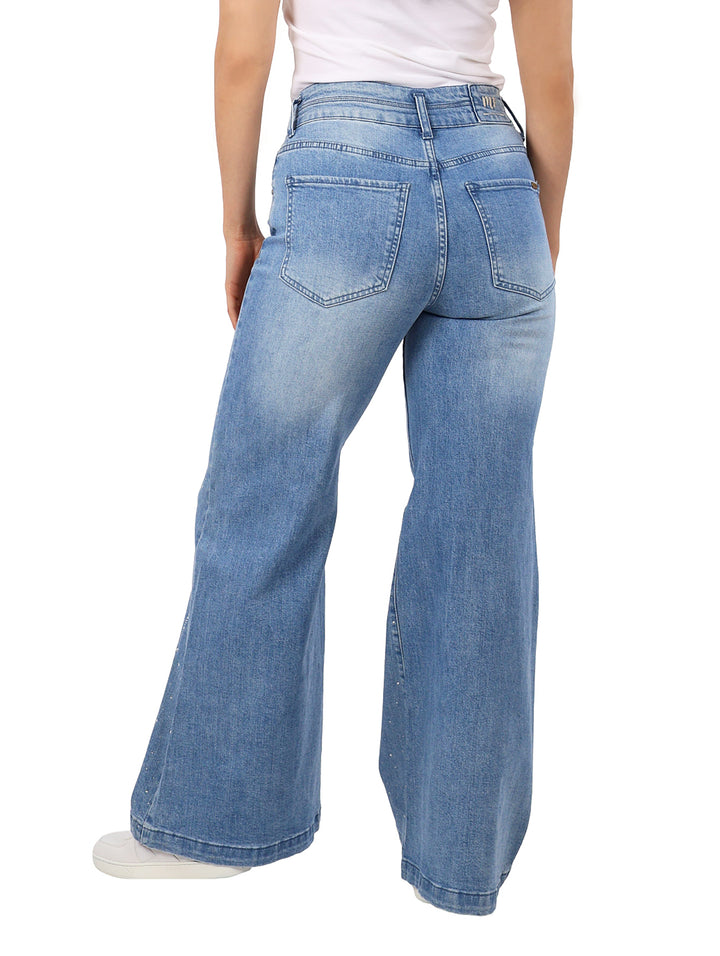 Jeans Anchos con Piedras Michelle Ferrar Doble Stone para Mujer