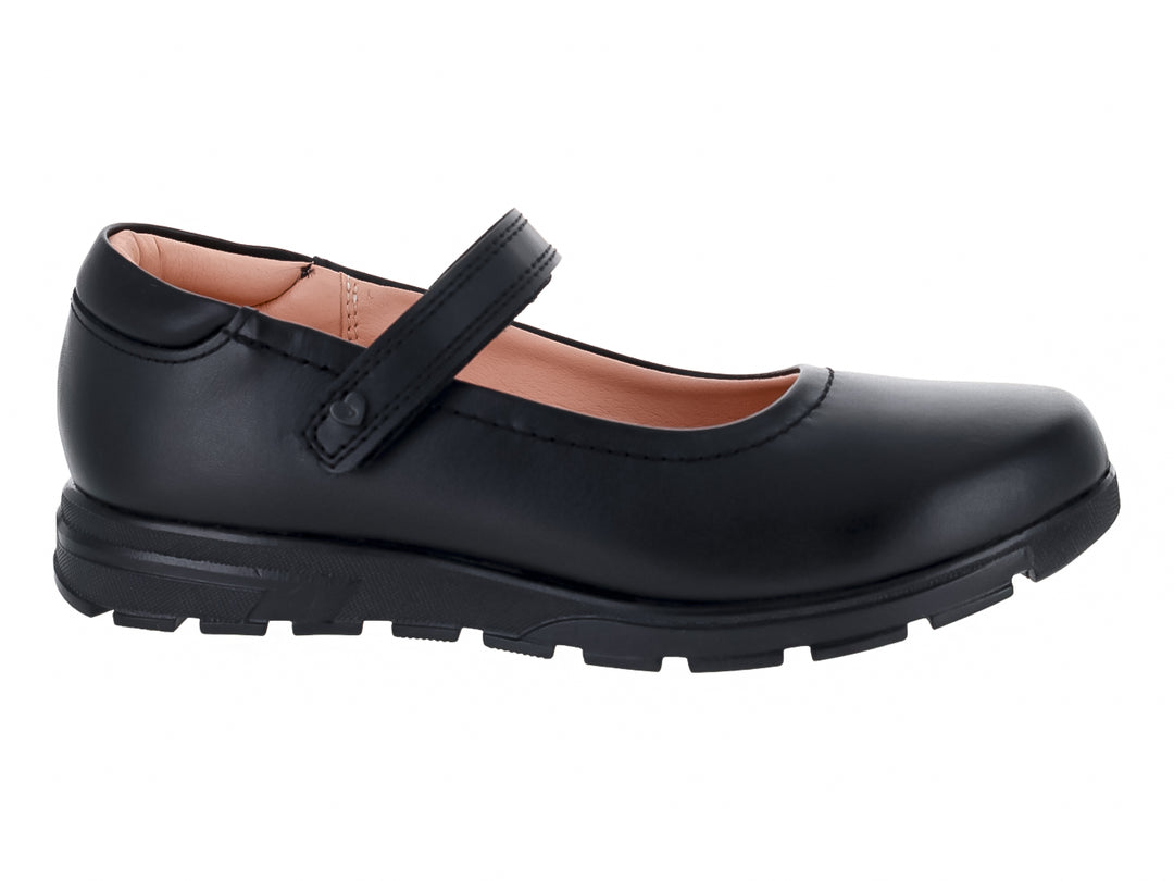 Zapato negro para Niño o Niña estilo Mary Jane con correa y suela dentada.