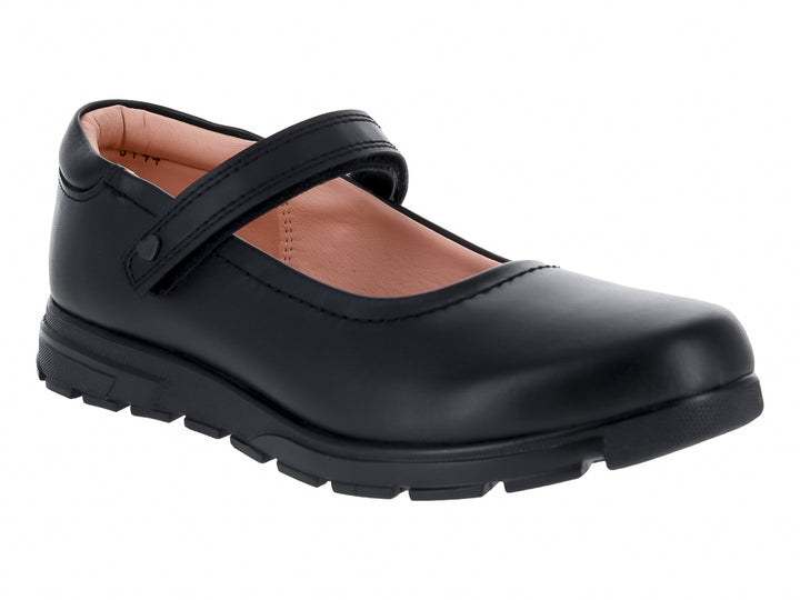 Zapato negro para Niño o Niña estilo Mary Jane con correa y suela dentada.