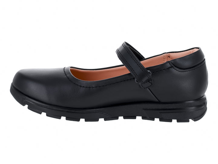 Zapato negro para Niño o Niña estilo Mary Jane con correa y suela dentada.