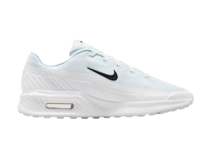Tenis Nike Air Max color blanco con logotipo negro lateral y suela blanca con cámara de aire visible.