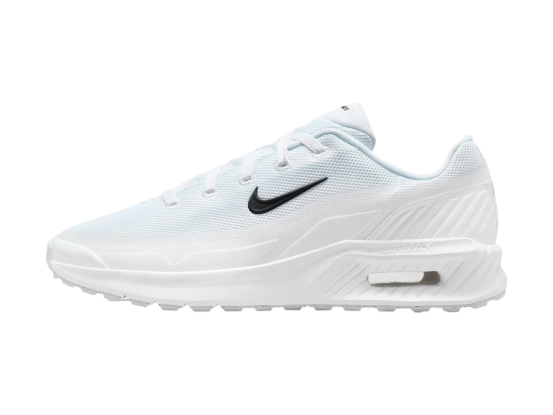 Tenis Nike Air Max color blanco con logotipo negro lateral y suela blanca con cámara de aire visible.