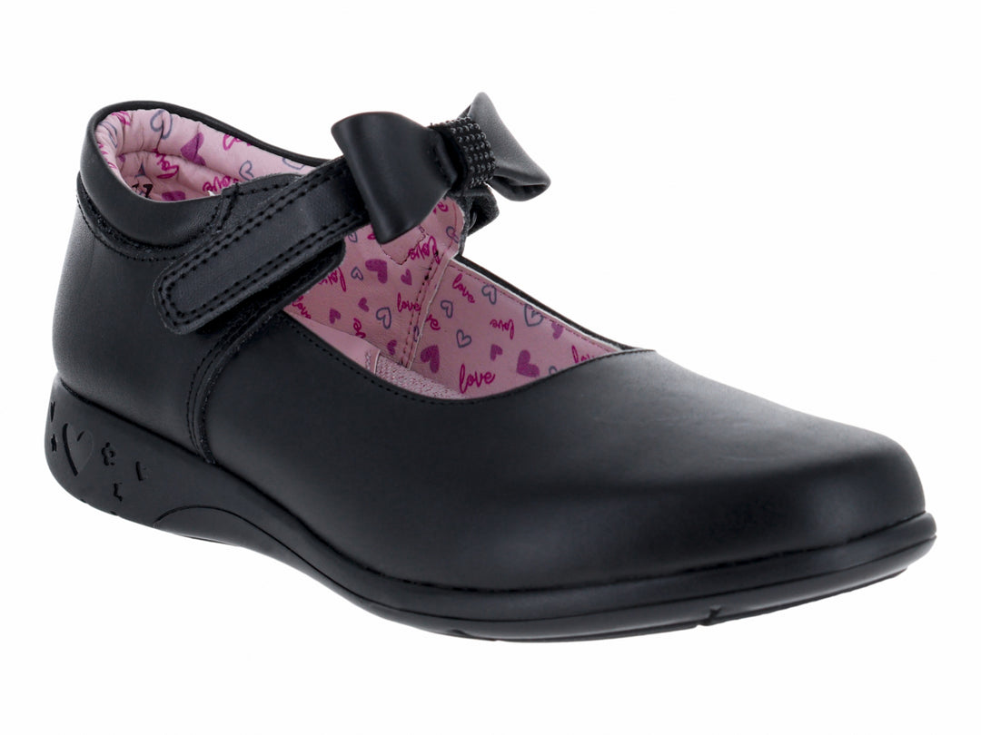 Zapato escolar negro para niña con moño y forro interior rosa con corazones.