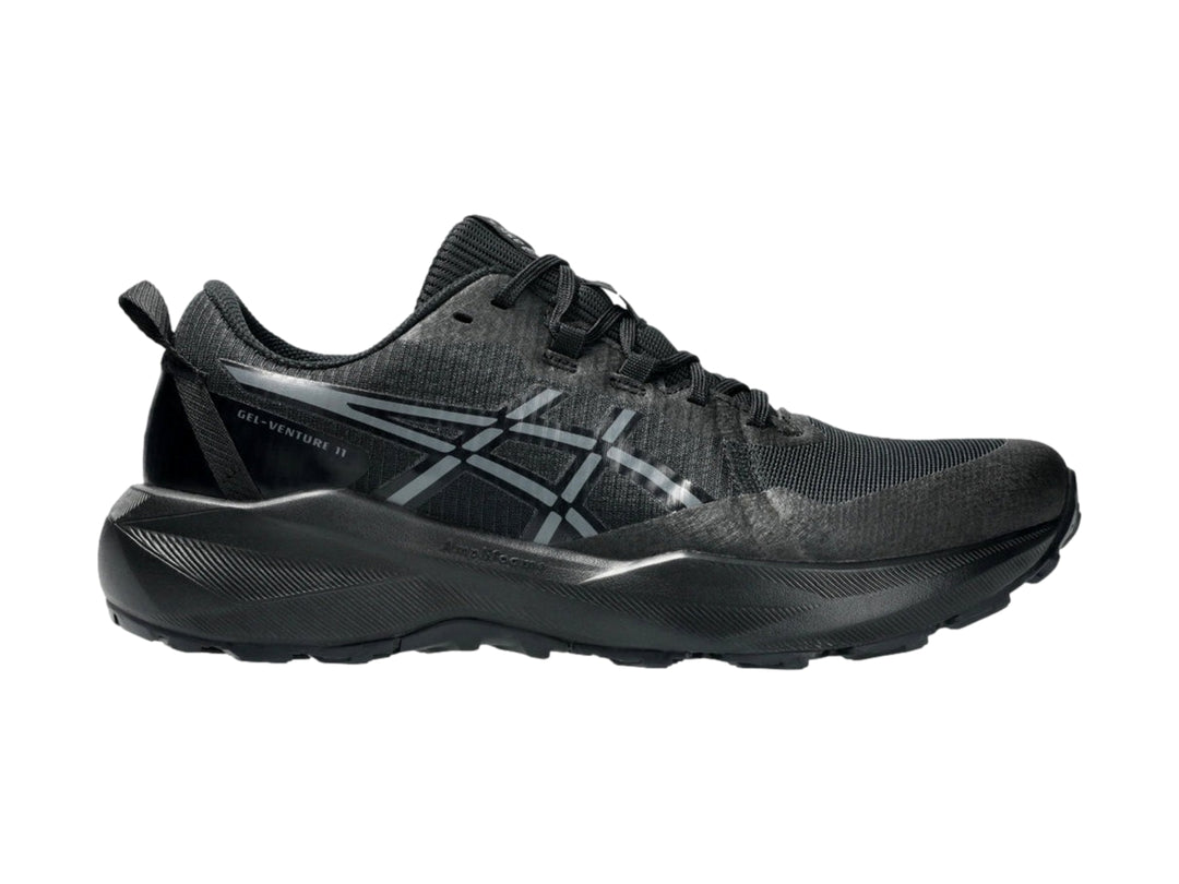Tenis deportivos ASICS Gel-Venture 11 en color negro con detalles en gris, vista lateral.