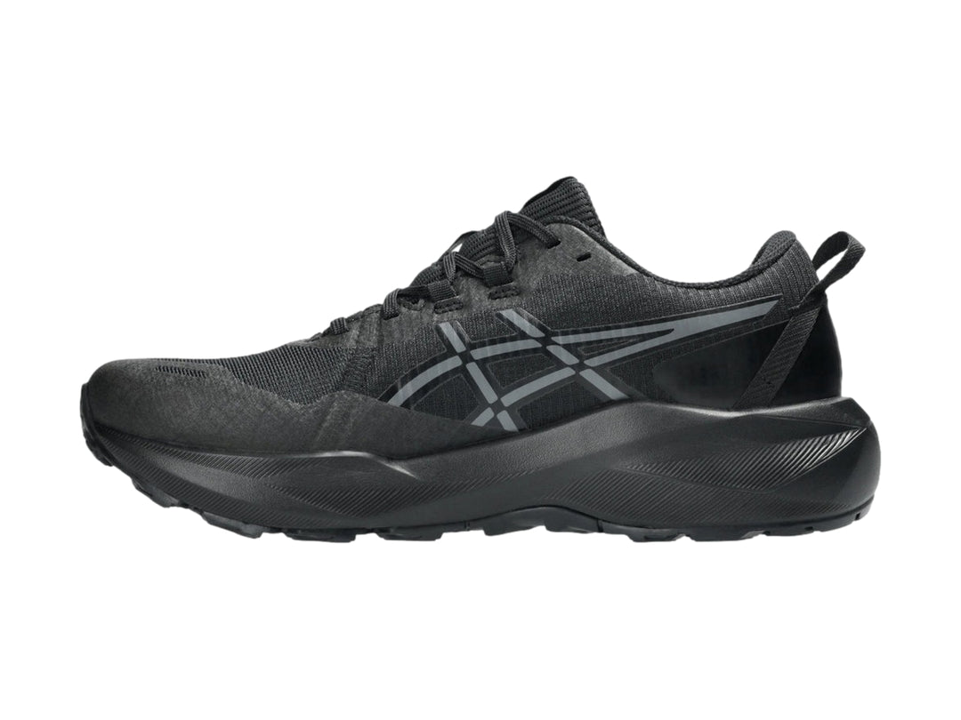 Tenis deportivos ASICS Gel-Venture 11 en color negro con detalles en gris, vista lateral.