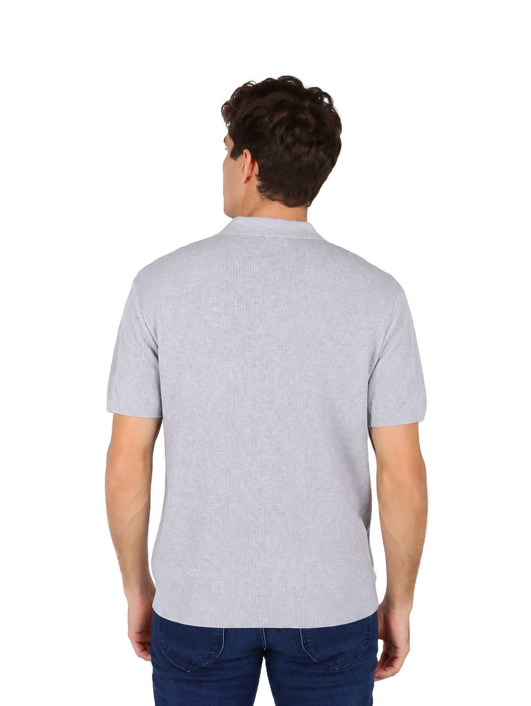 Hombre vistiendo una playera polo color gris de manga corta y cuello.