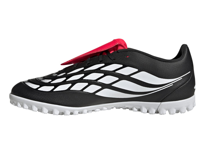 Zapato de fútbol Adidas Predator Club FT TF en color negro con franjas blancas y lengüeta roja.