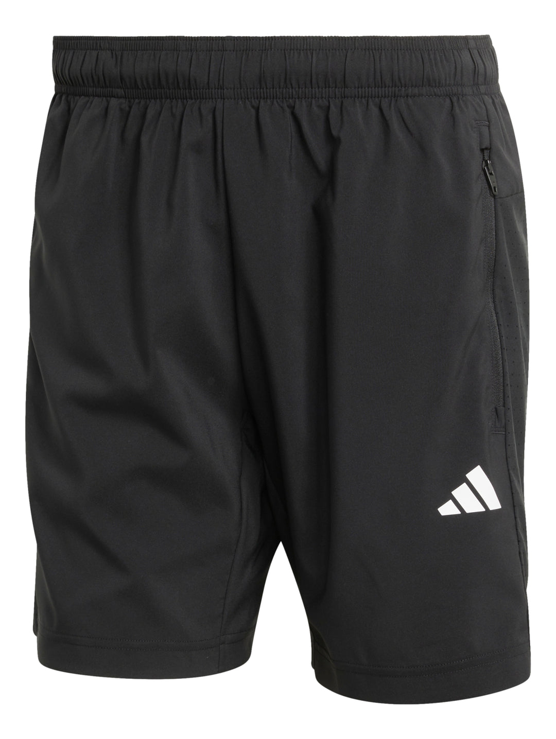 Hombre vistiendo pantalones cortos deportivos Adidas de color negro.