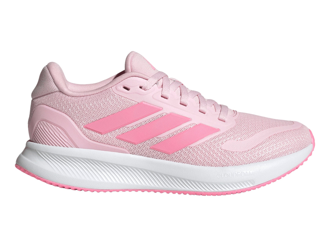 Tenis deportivos Adidas Runfalcon en color rosa con suela blanca y tres franjas laterales rosas.