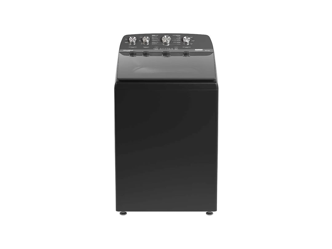 Lavadora Whirlpool de carga superior en color gris oscuro con panel de control superior.