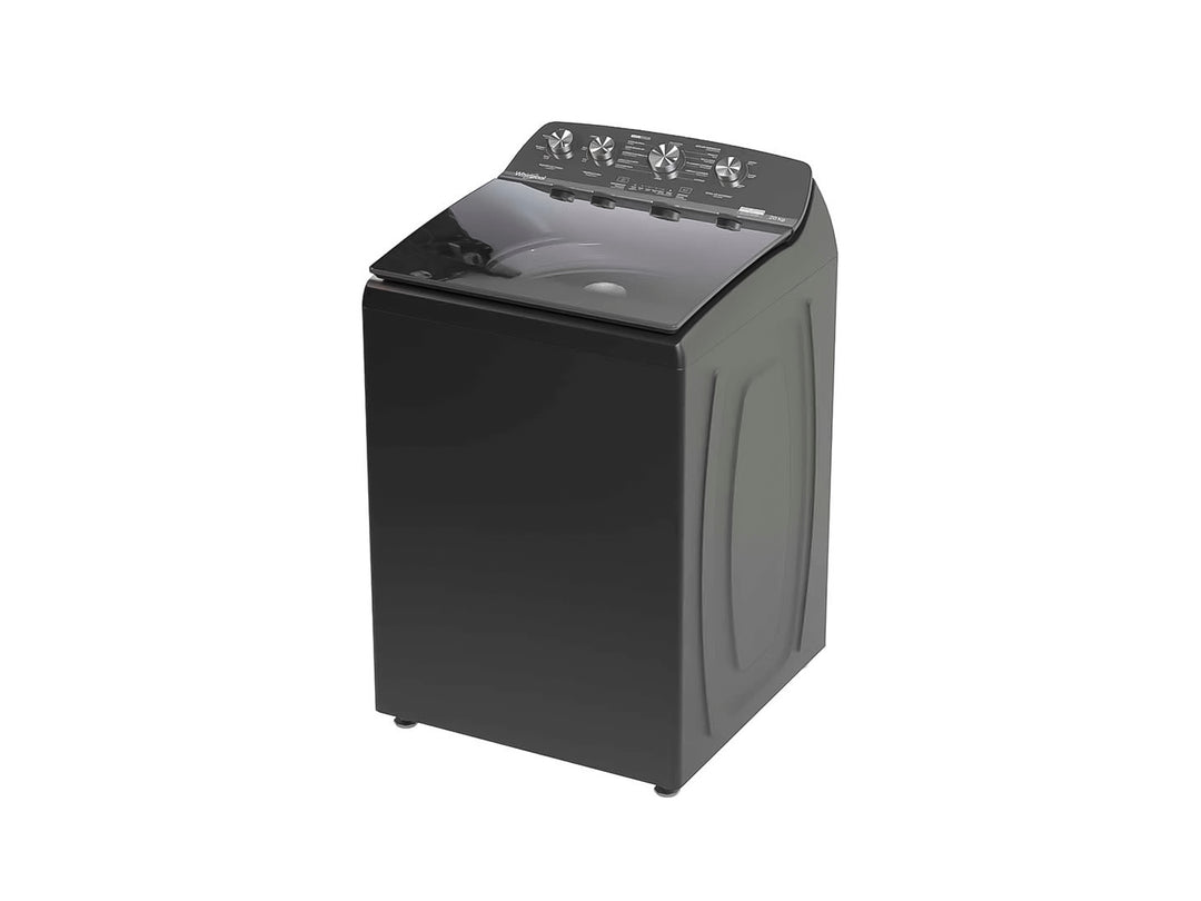 Lavadora Whirlpool de carga superior en color gris oscuro con panel de control superior.