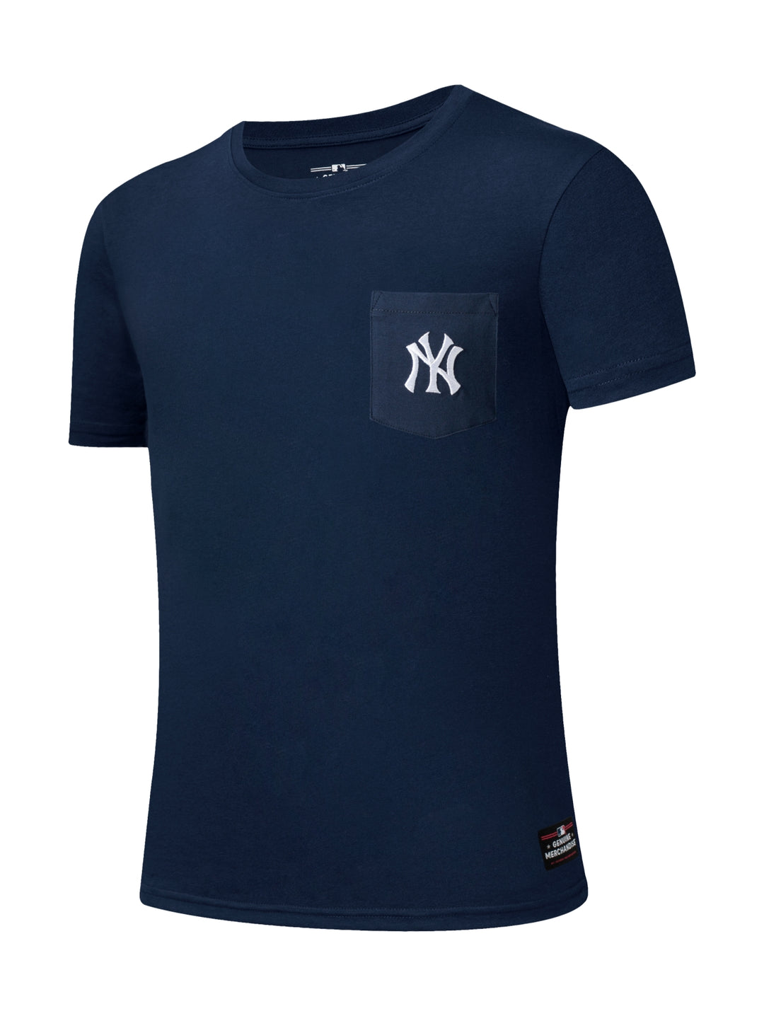 Playera azul marino de manga corta con bolsillo frontal y logo de los New York Yankees.