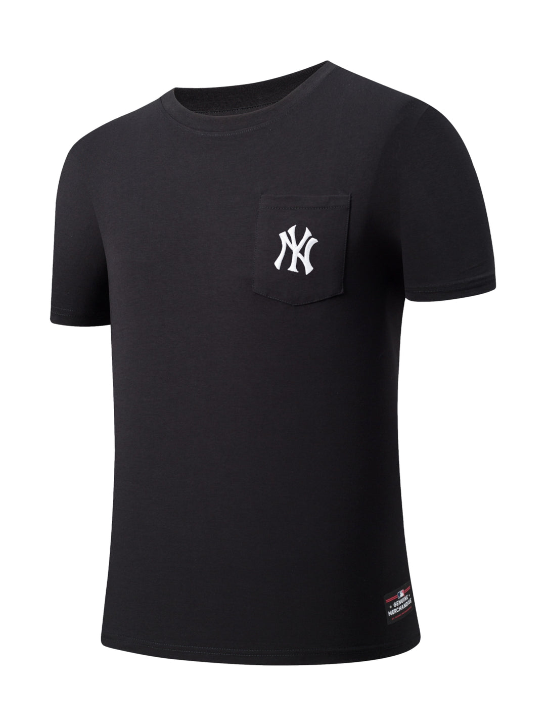 Camiseta negra de manga corta con cuello redondo y un bolsillo en el pecho con el logo de los New York Yankees.