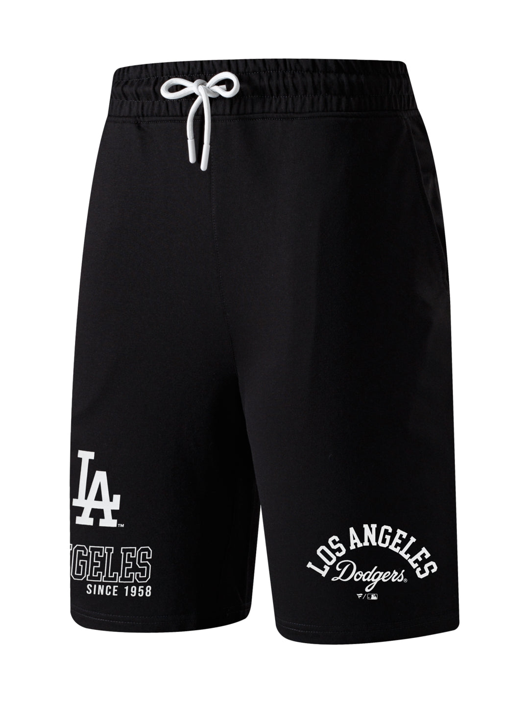 Pantalón corto deportivo negro para hombre con logos de Los Angeles Dodgers y cordón ajustable blanco.