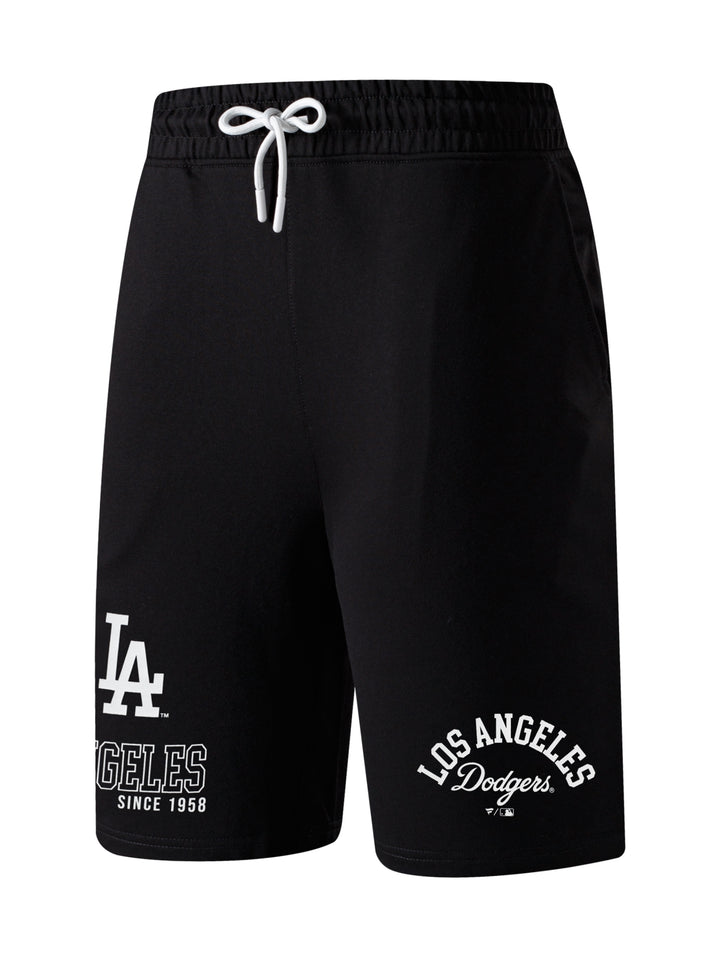 Pantalón corto deportivo negro para hombre con logos de Los Angeles Dodgers y cordón ajustable blanco.
