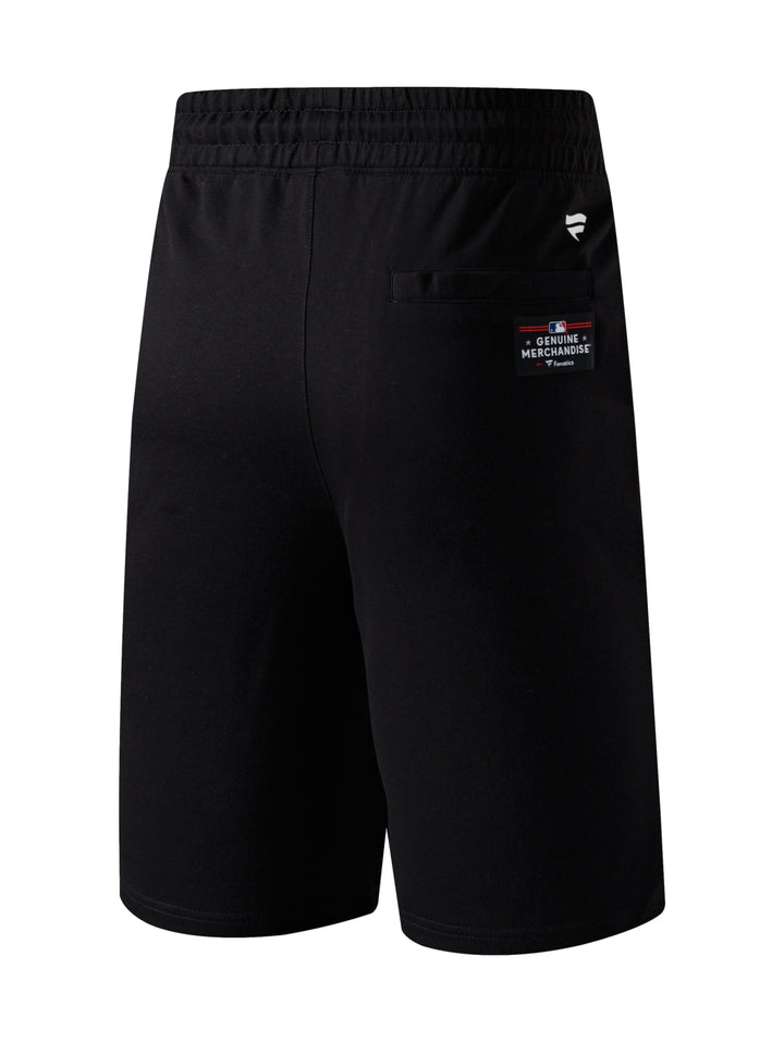 Pantalón corto deportivo negro para hombre con logos de Los Angeles Dodgers y cordón ajustable blanco.