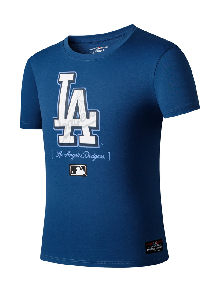Camiseta azul de manga corta con logotipo de Los Angeles Dodgers en blanco.