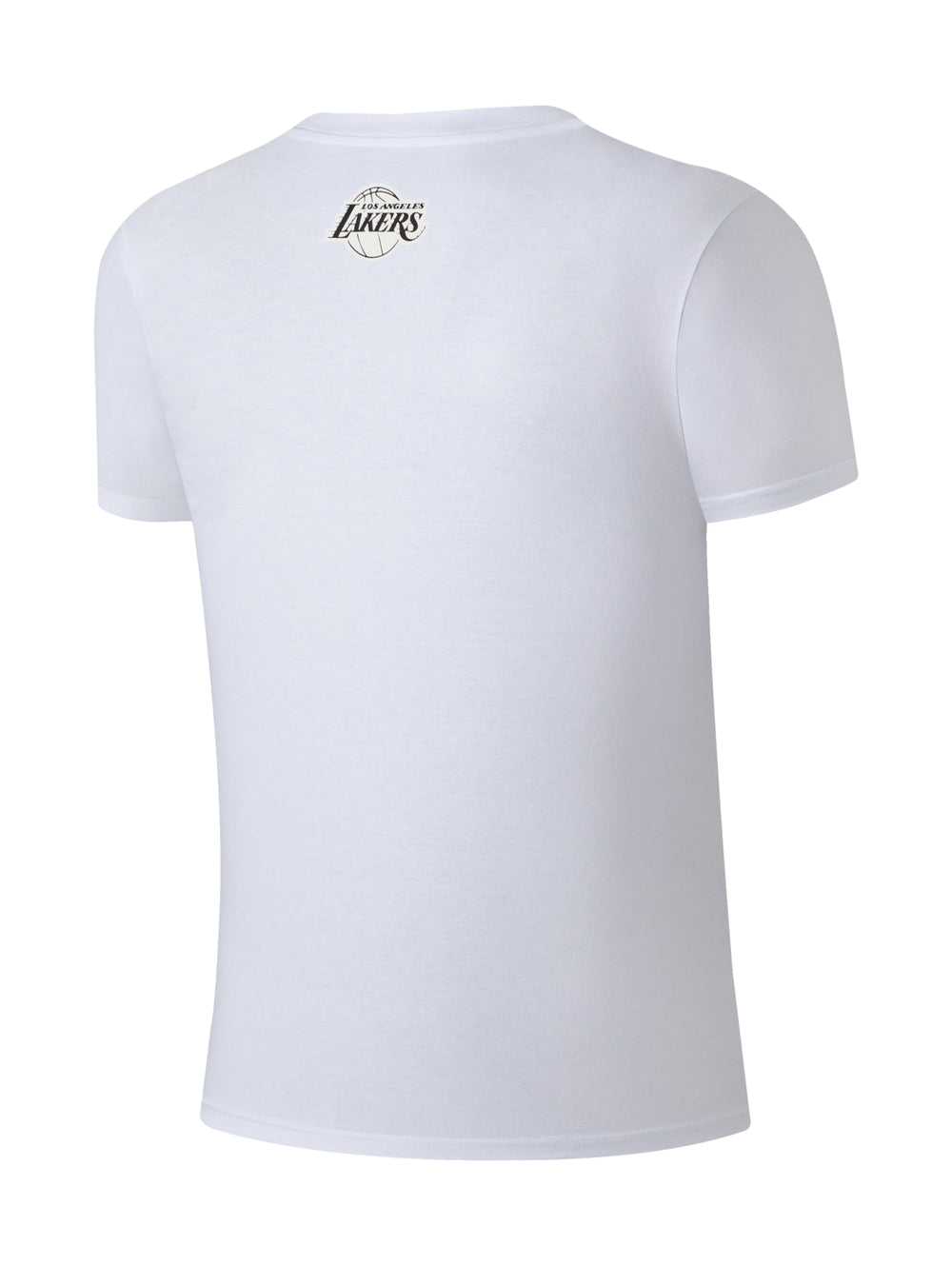 Playera blanca de manga corta con logotipo de los Lakers en color negro en el pecho.