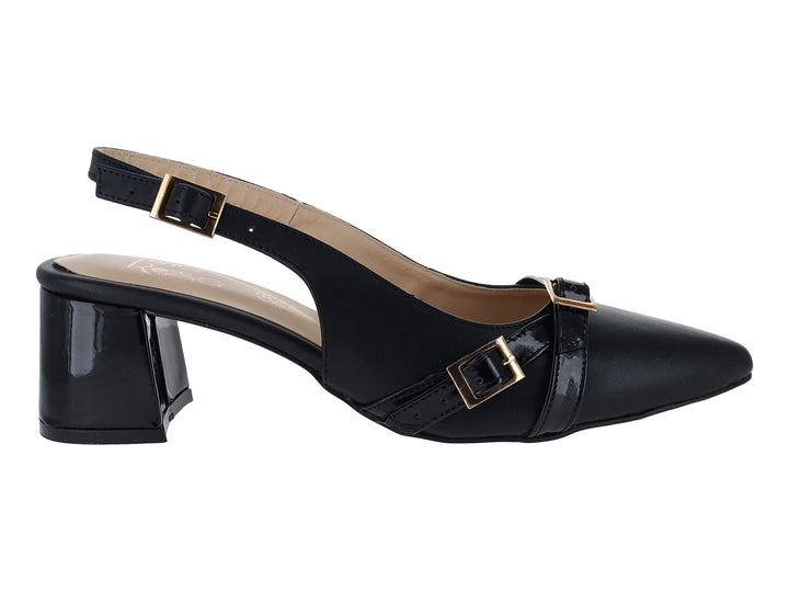Zapato formal negro de charol para mujer con tacón bajo y hebillas doradas.