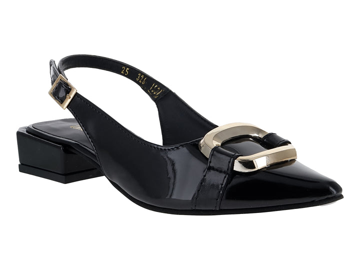 Zapato de tacón bajo en charol negro con punta fina, hebilla dorada y correa ajustable para Mujer.