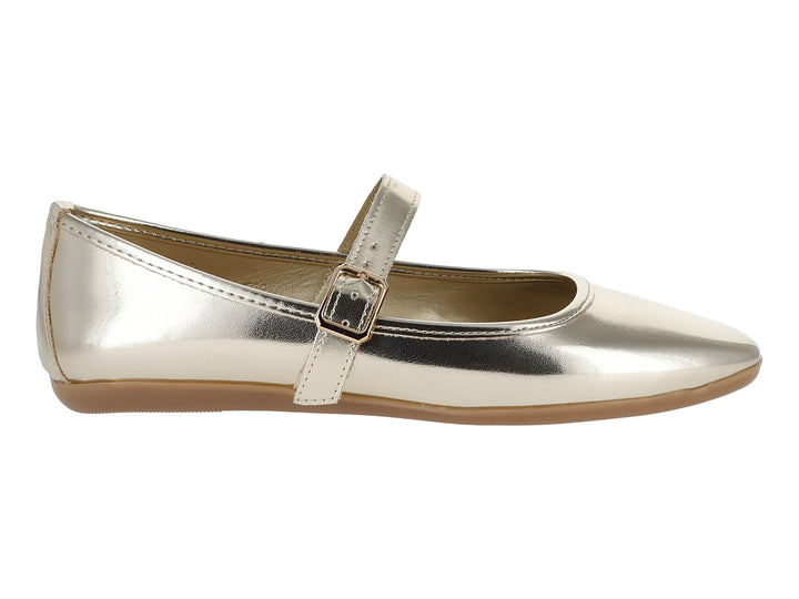 Zapato plano estilo inglés para niña en color oro brillante con correa y hebilla.