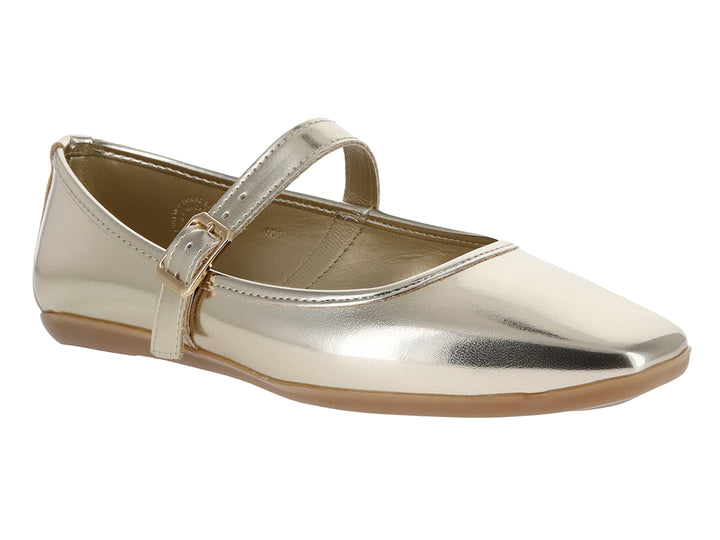 Zapato plano estilo inglés para niña en color oro brillante con correa y hebilla.