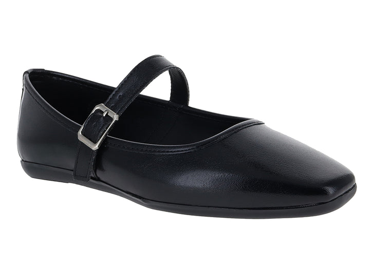 Zapato plano color negro estilo Mary Jane con correa y hebilla metálica para niña.