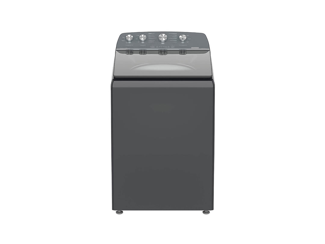 Lavadora Whirlpool de 18kg color gris con carga superior y perillas de control frontales.