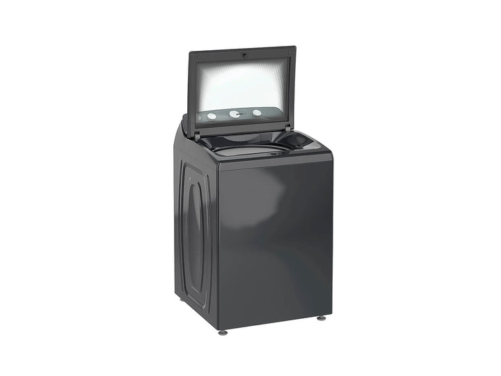 Lavadora Whirlpool de 18kg color gris con carga superior y perillas de control frontales.