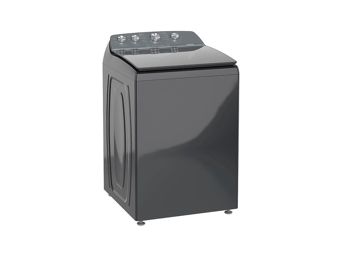 Lavadora Whirlpool de 18kg color gris con carga superior y perillas de control frontales.