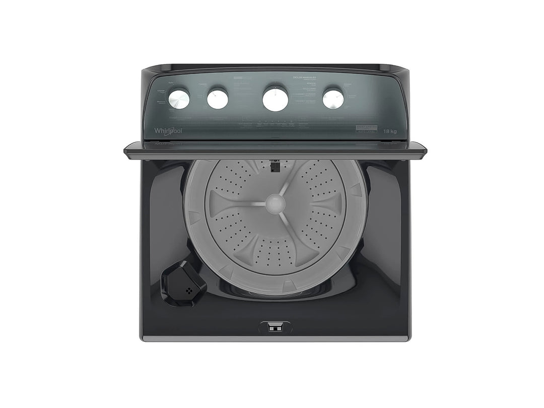 Lavadora Whirlpool de 18kg color gris con carga superior y perillas de control frontales.