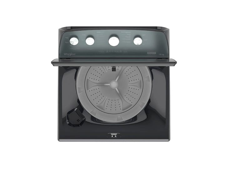 Lavadora Whirlpool de 18kg color gris con carga superior y perillas de control frontales.