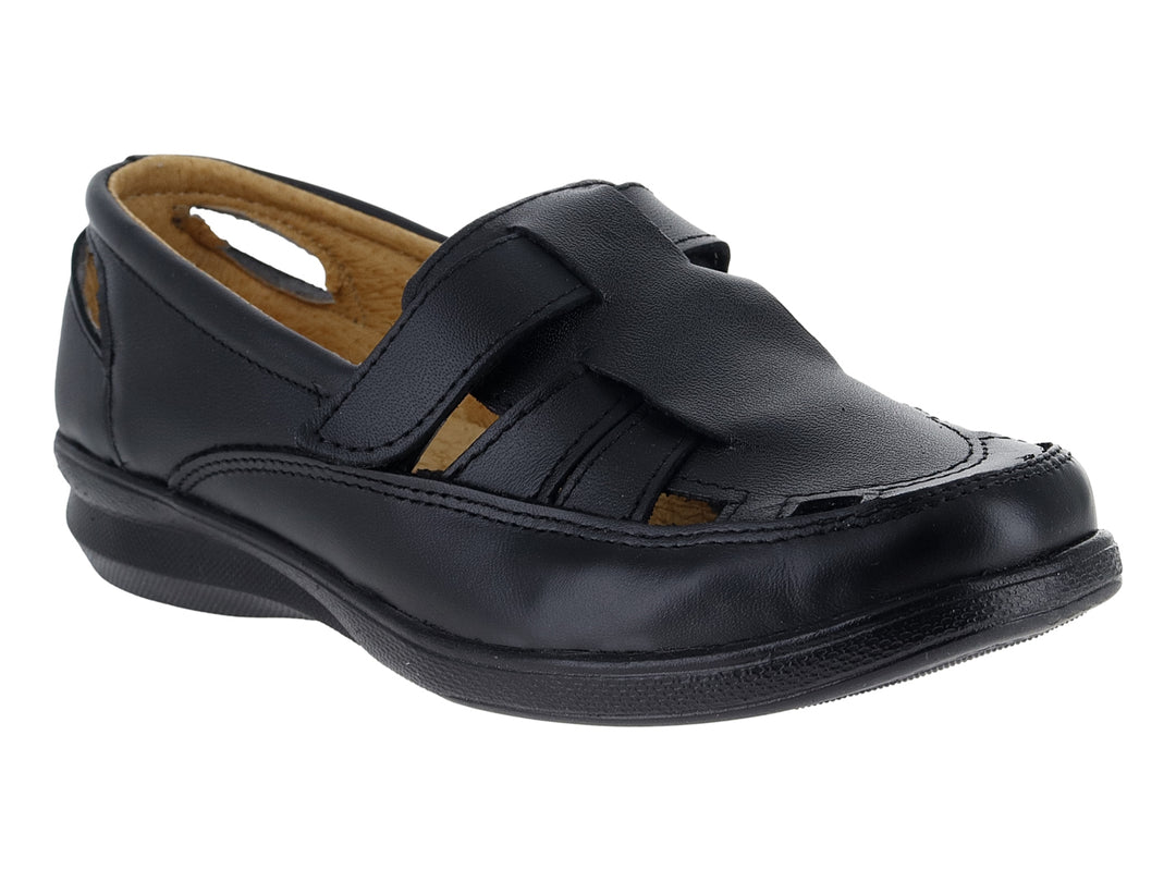 Zapato cerrado color negro para mujer, estilo confort con suela plana y correa ajustable.