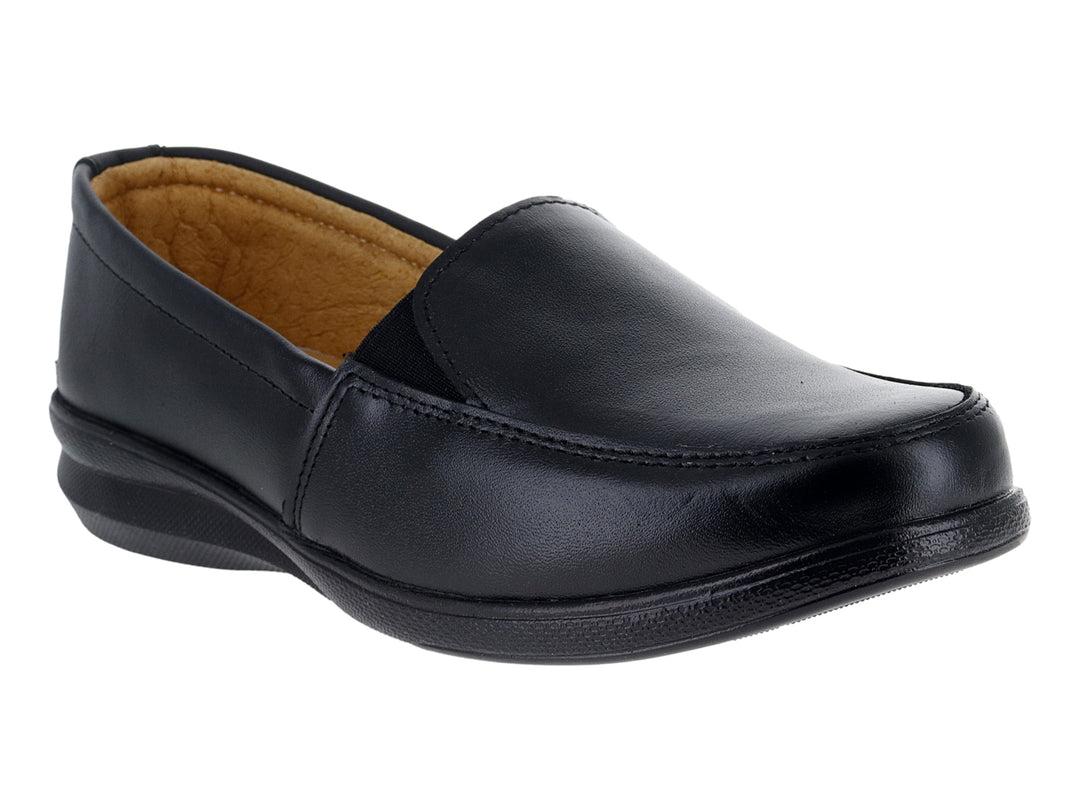 Zapato plano color negro para mujer, estilo confort con forro interior café.