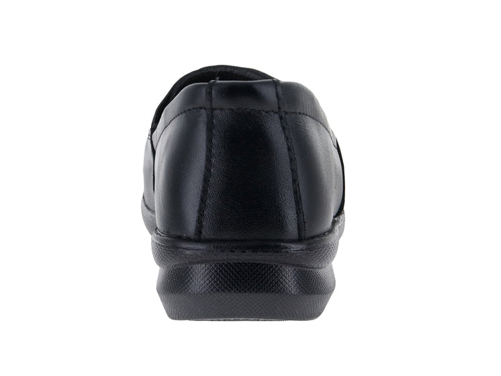 Zapato plano color negro para mujer, estilo confort con forro interior café.