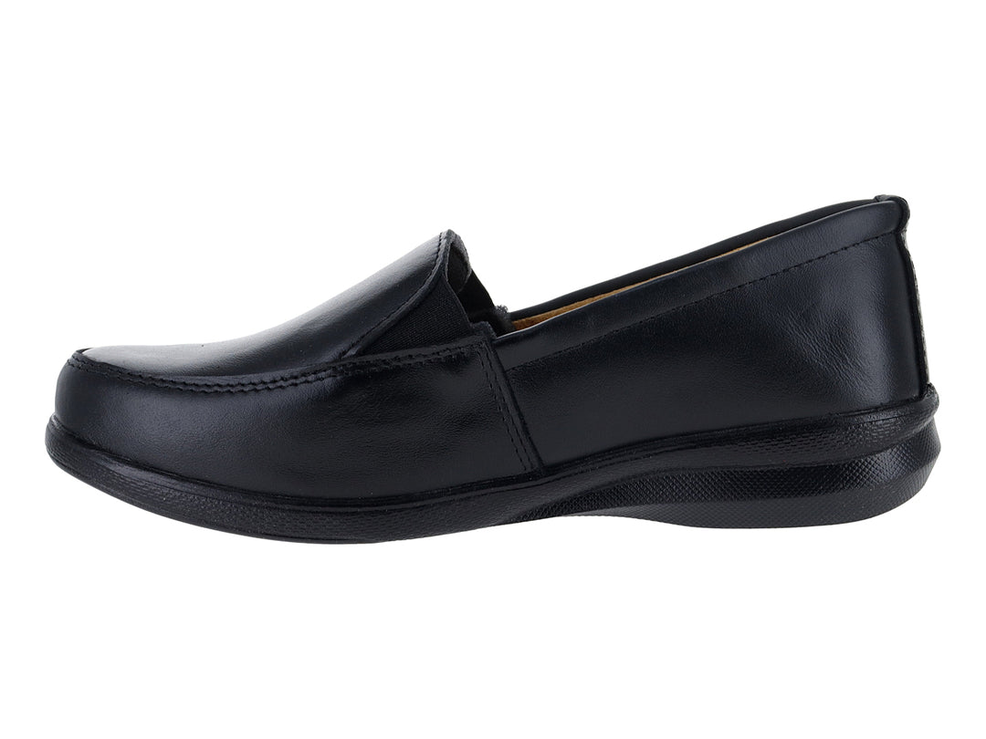 Zapato plano color negro para mujer, estilo confort con forro interior café.