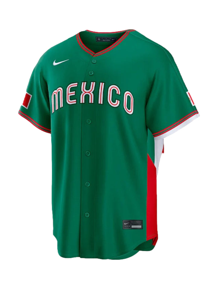 Jersey deportivo Nike verde con detalles en rojo y blanco y texto MEXICO en el pecho.