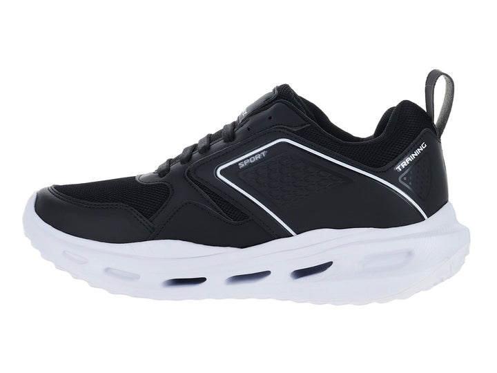 Tenis deportivos Andrax color negro con suela blanca ancha y detalles en textil.