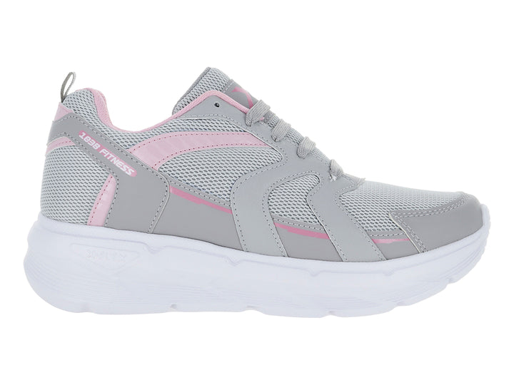 Tenis deportivos color gris con detalles en rosa y suela blanca gruesa.