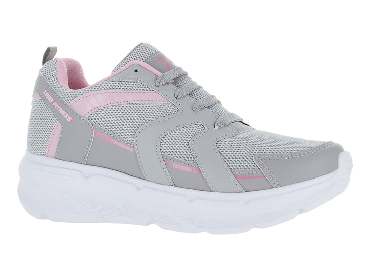 Tenis deportivos color gris con detalles en rosa y suela blanca gruesa.