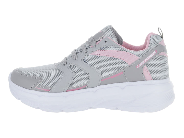 Tenis deportivos color gris con detalles en rosa y suela blanca gruesa.