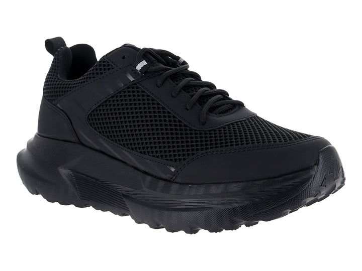 Tenis deportivos Andrax color negro con suela gruesa y parte superior de malla.
