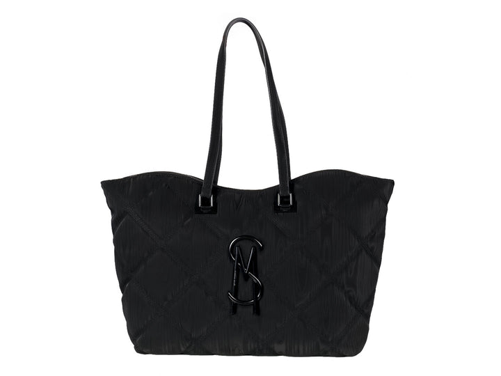 Bolso tote negro acolchado de Steve Madden con logotipo M central y asas largas.