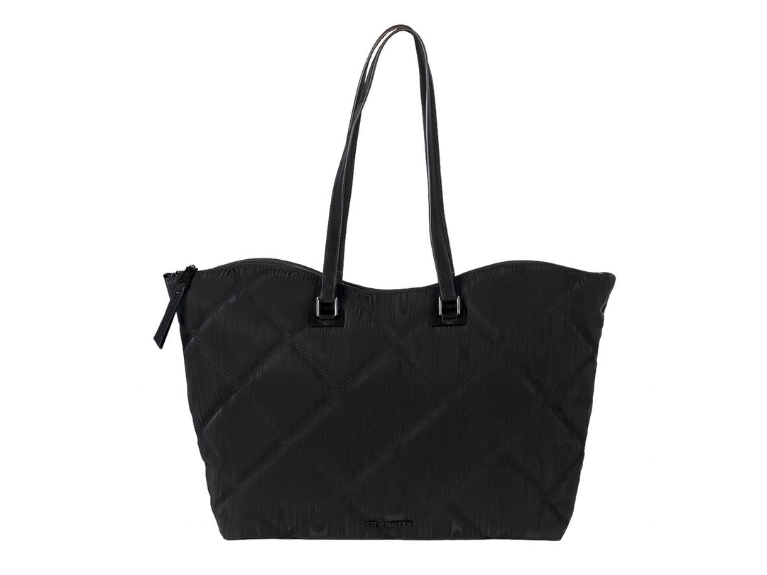 Bolso tote negro acolchado de Steve Madden con logotipo M central y asas largas.