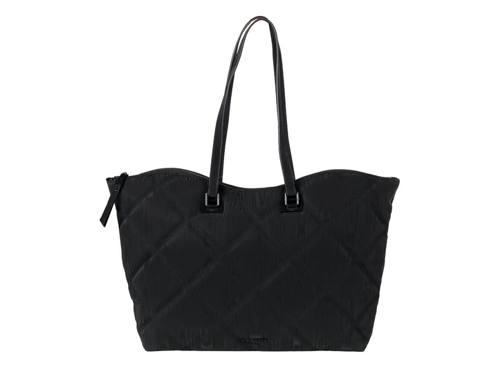 Bolso tote negro acolchado de Steve Madden con logotipo M central y asas largas.