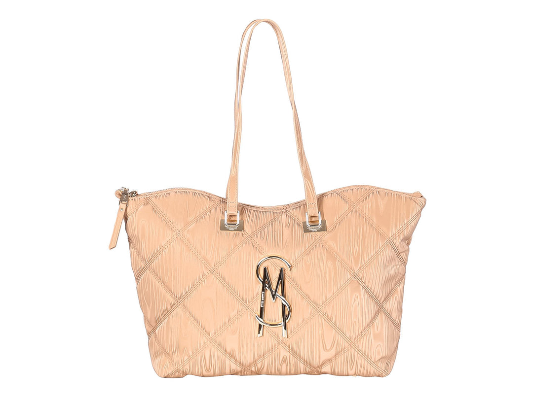 Bolsa tote color tan de Steve Madden con diseño acolchado y herrajes dorados.