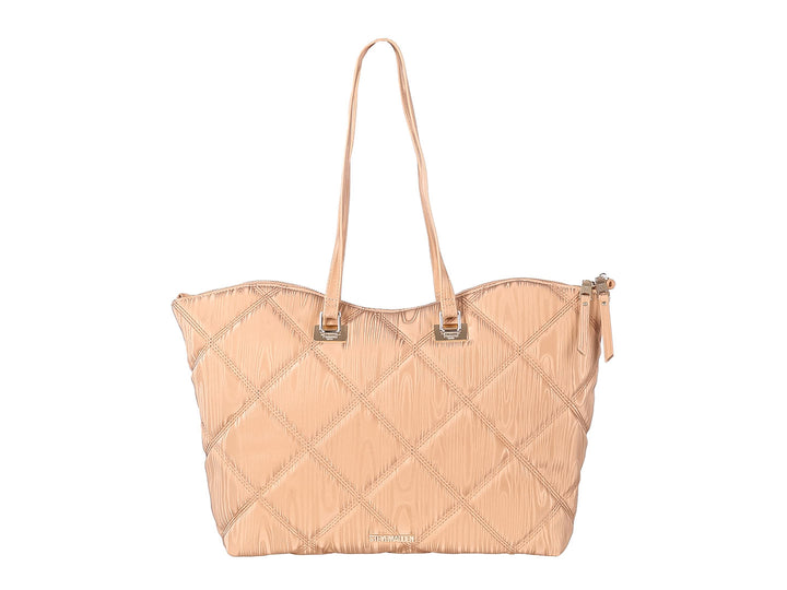 Bolsa tote color tan de Steve Madden con diseño acolchado y herrajes dorados.